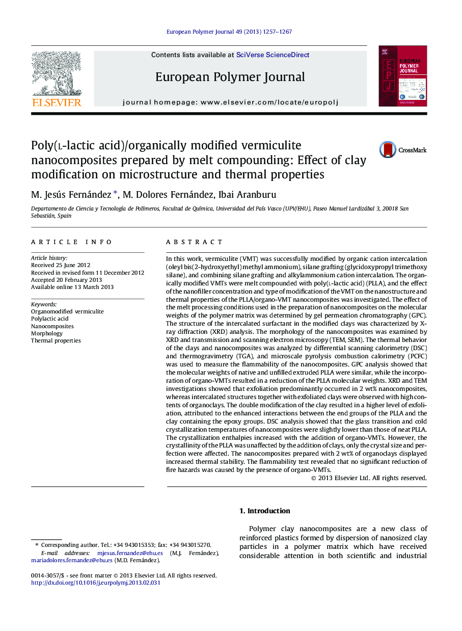 Poly(l-lactic acid)/organically modified vermiculite nanocomposites prepared by melt compounding: Effect of clay modification on microstructure and thermal properties