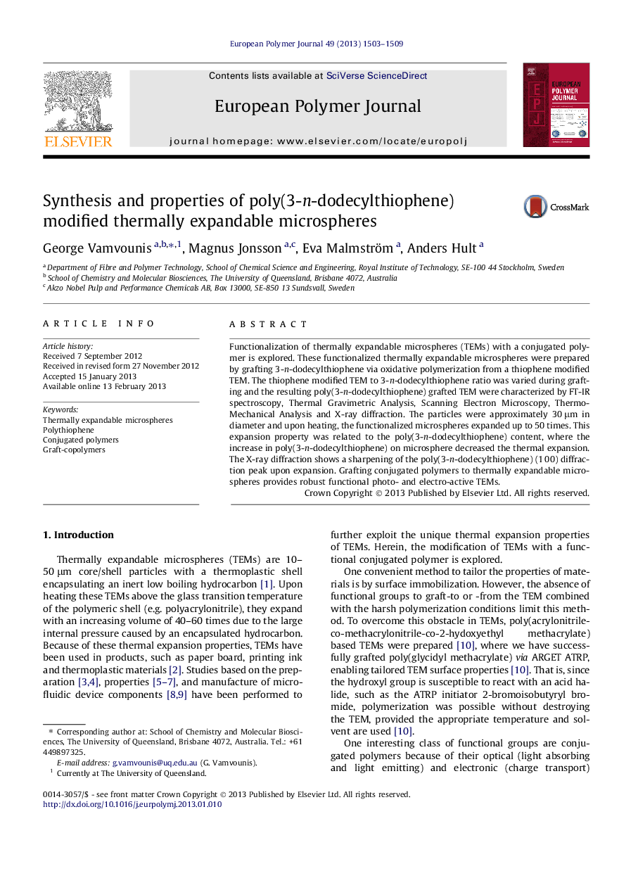 Synthesis and properties of poly(3-n-dodecylthiophene) modified thermally expandable microspheres