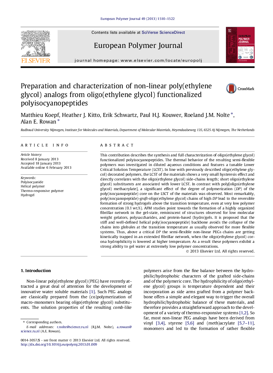 Preparation and characterization of non-linear poly(ethylene glycol) analogs from oligo(ethylene glycol) functionalized polyisocyanopeptides