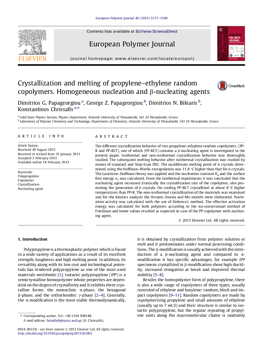 Crystallization and melting of propylene-ethylene random copolymers. Homogeneous nucleation and Î²-nucleating agents