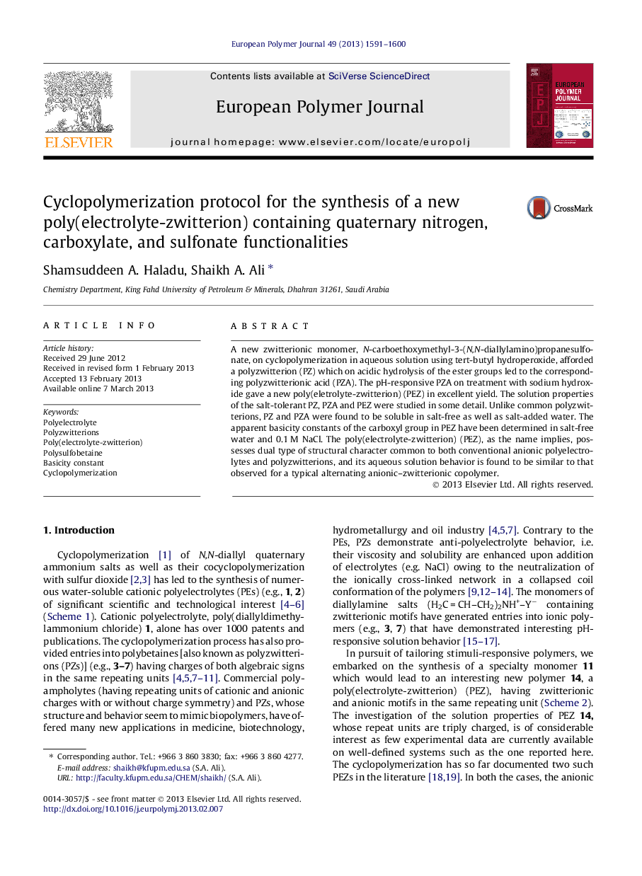 Cyclopolymerization protocol for the synthesis of a new poly(electrolyte-zwitterion) containing quaternary nitrogen, carboxylate, and sulfonate functionalities