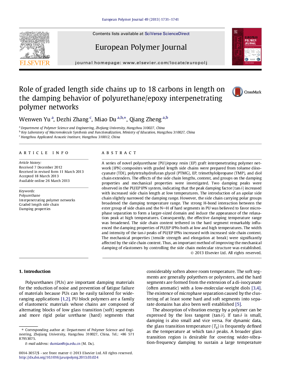 Role of graded length side chains up to 18 carbons in length on the damping behavior of polyurethane/epoxy interpenetrating polymer networks