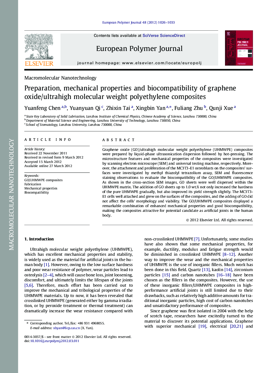 Preparation, mechanical properties and biocompatibility of graphene oxide/ultrahigh molecular weight polyethylene composites