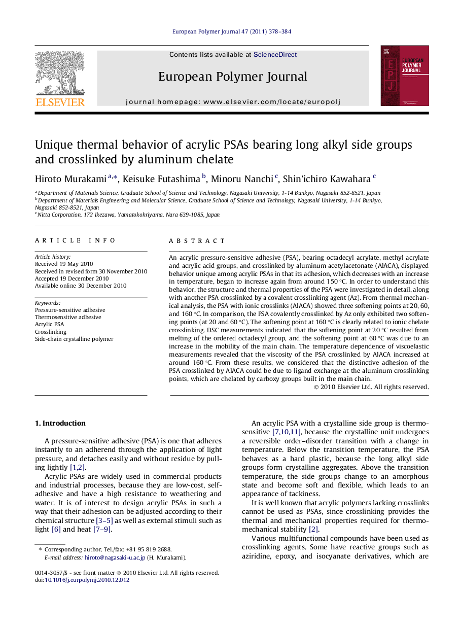 Unique thermal behavior of acrylic PSAs bearing long alkyl side groups and crosslinked by aluminum chelate
