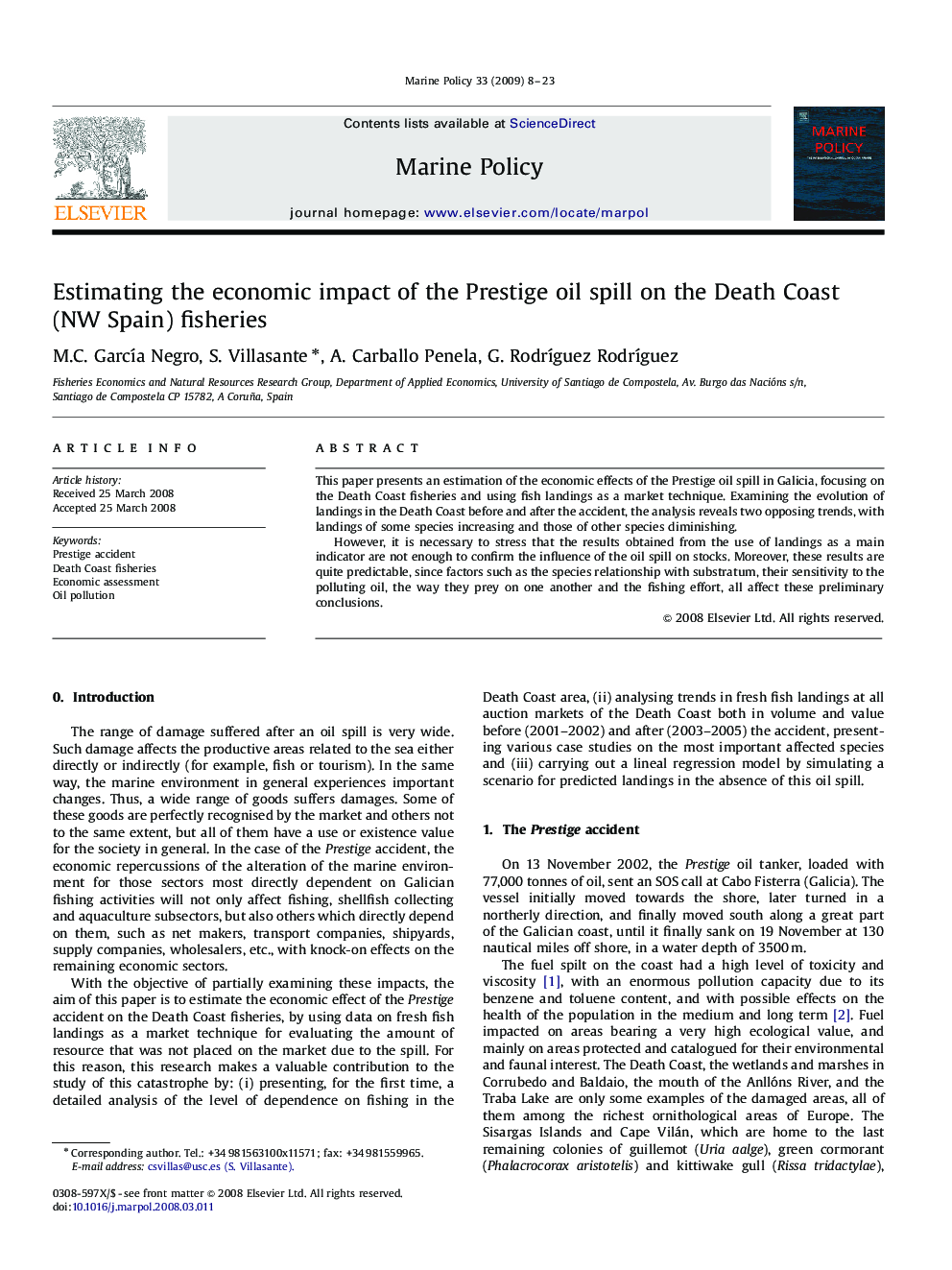 Estimating the economic impact of the Prestige oil spill on the Death Coast (NW Spain) fisheries