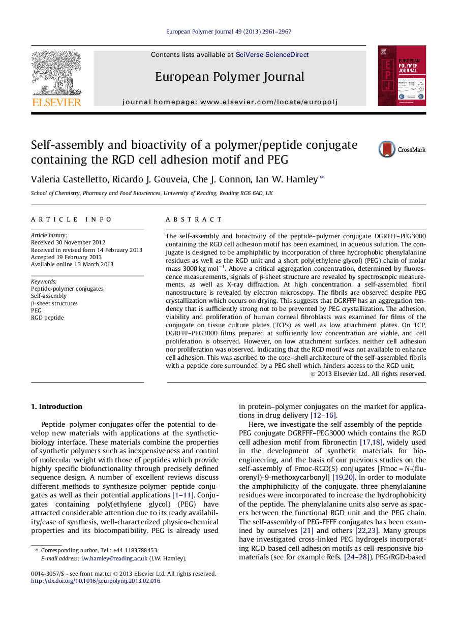 Self-assembly and bioactivity of a polymer/peptide conjugate containing the RGD cell adhesion motif and PEG