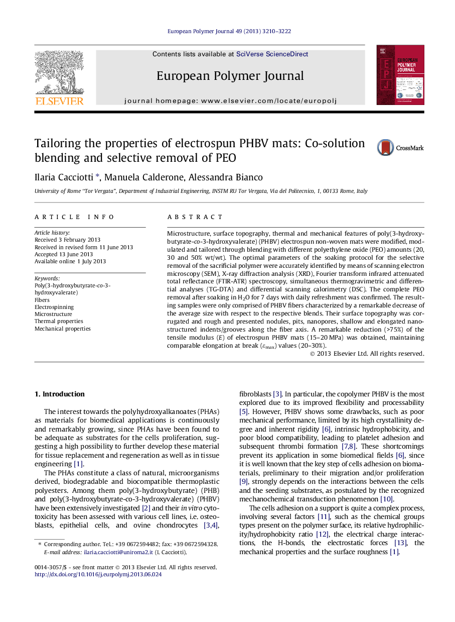 Tailoring the properties of electrospun PHBV mats: Co-solution blending and selective removal of PEO