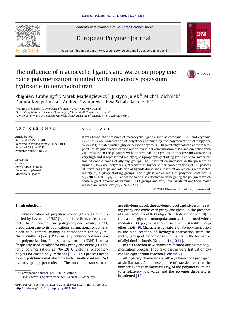 The influence of macrocyclic ligands and water on propylene oxide polymerization initiated with anhydrous potassium hydroxide in tetrahydrofuran