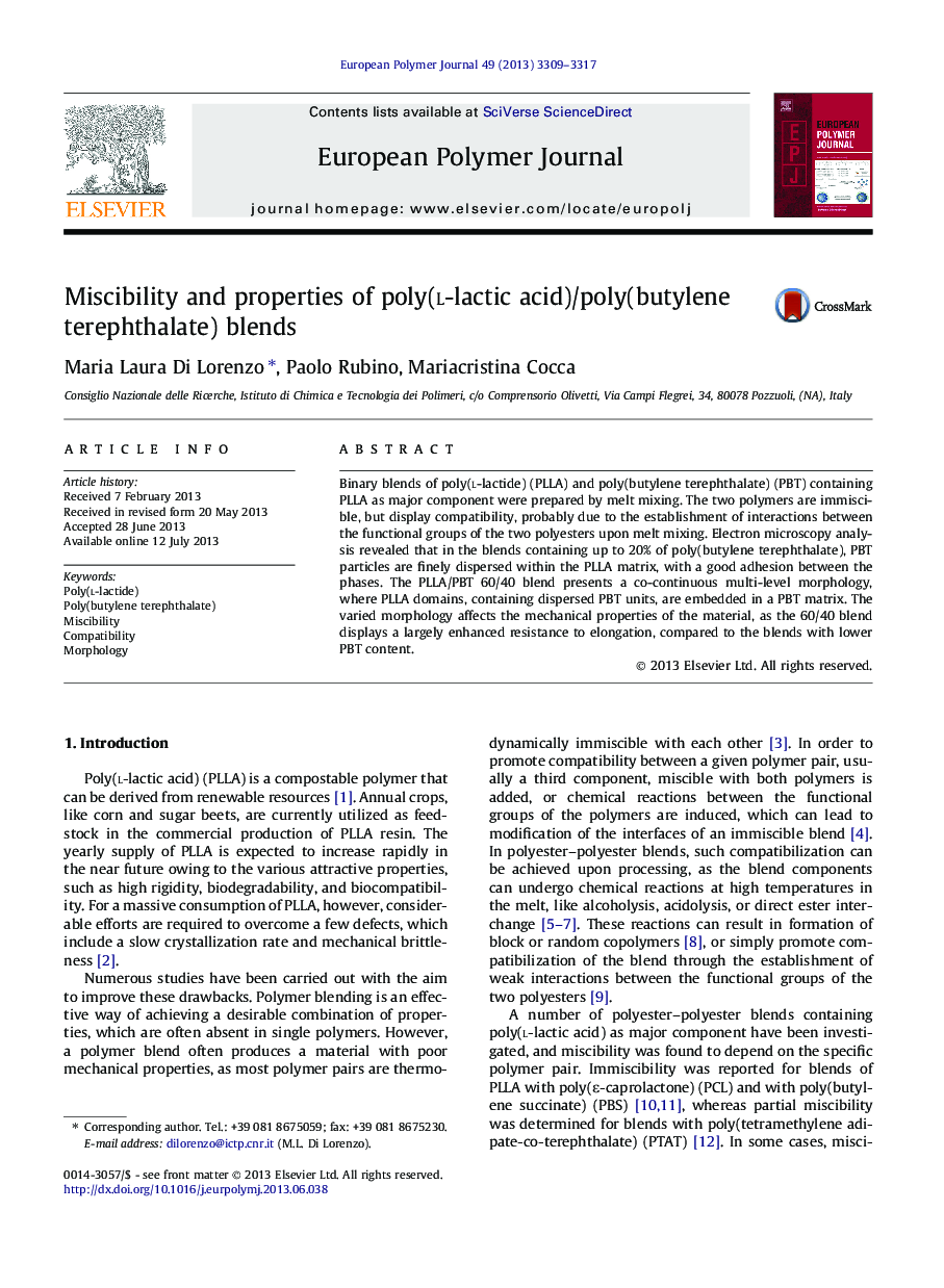 Miscibility and properties of poly(l-lactic acid)/poly(butylene terephthalate) blends