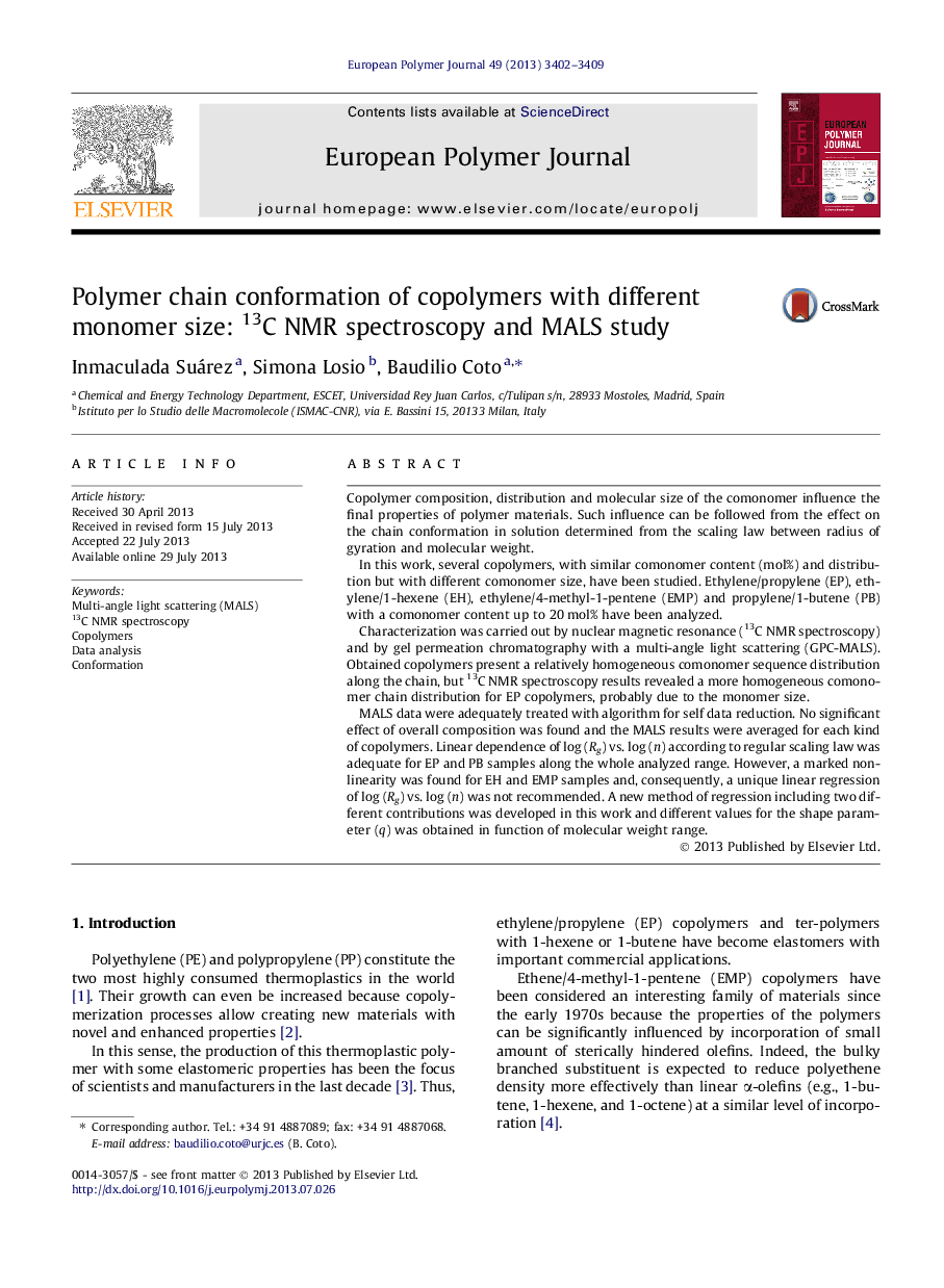 Polymer chain conformation of copolymers with different monomer size: 13C NMR spectroscopy and MALS study