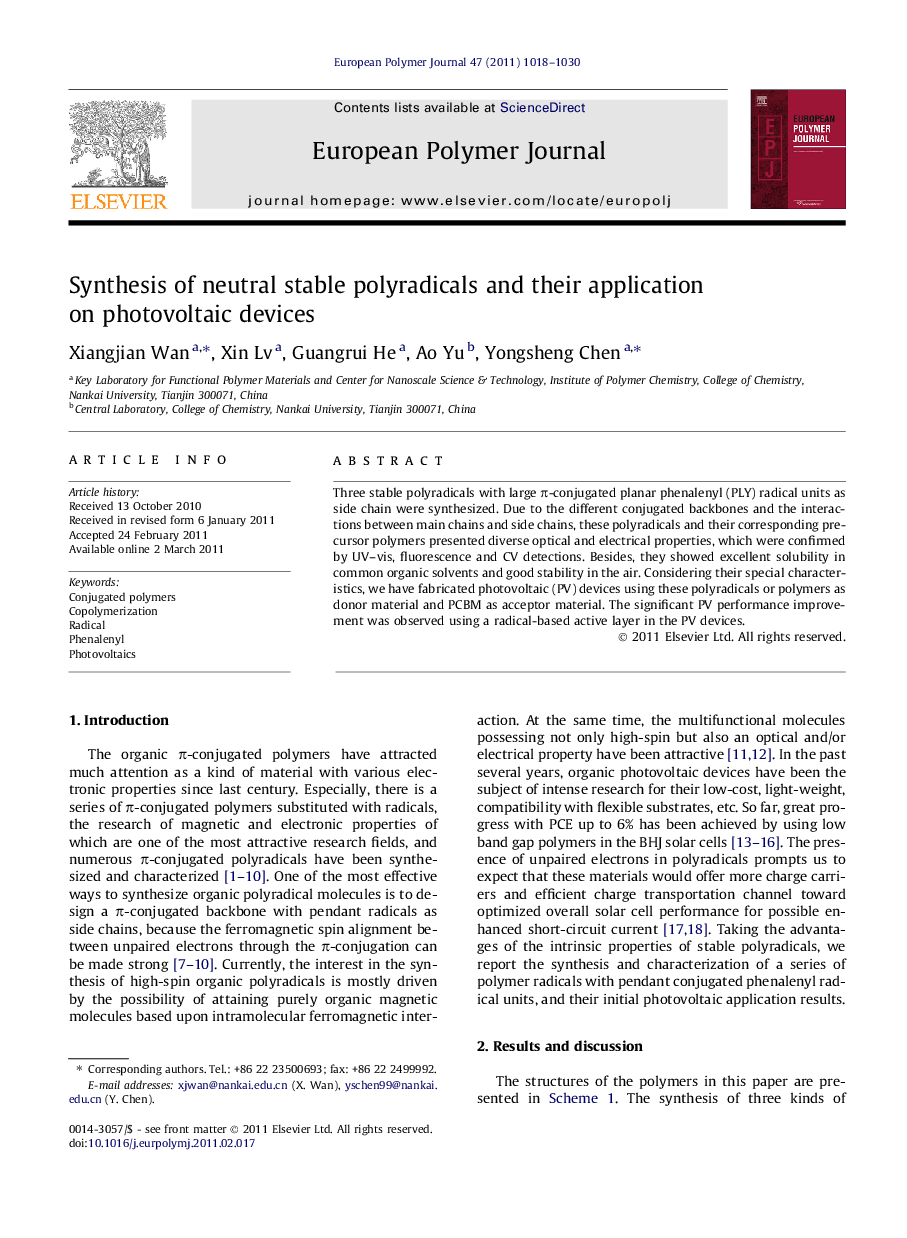 Synthesis of neutral stable polyradicals and their application on photovoltaic devices