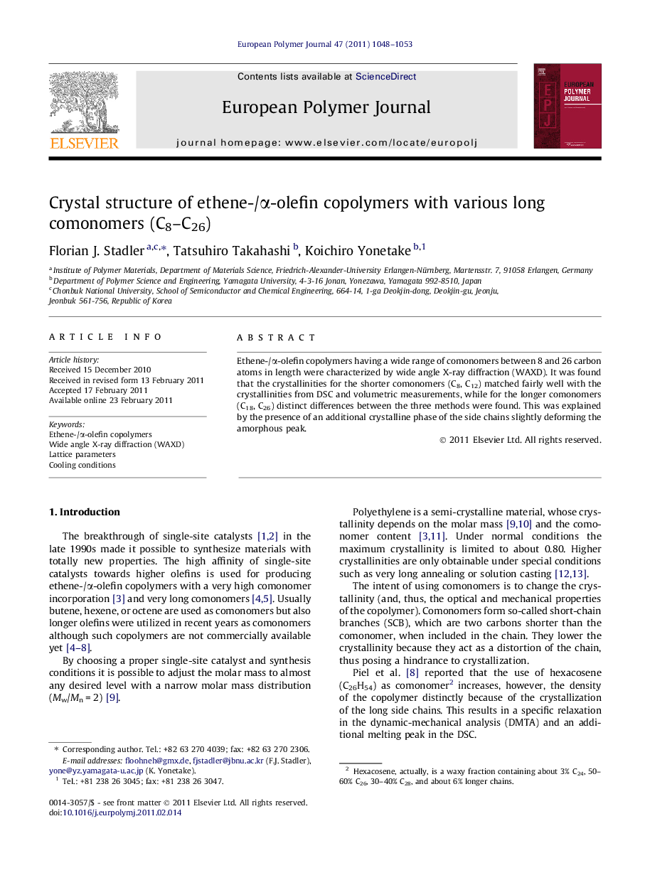 Crystal structure of ethene-/Î±-olefin copolymers with various long comonomers (C8-C26)