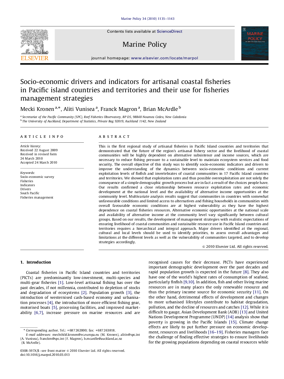 Socio-economic drivers and indicators for artisanal coastal fisheries in Pacific island countries and territories and their use for fisheries management strategies