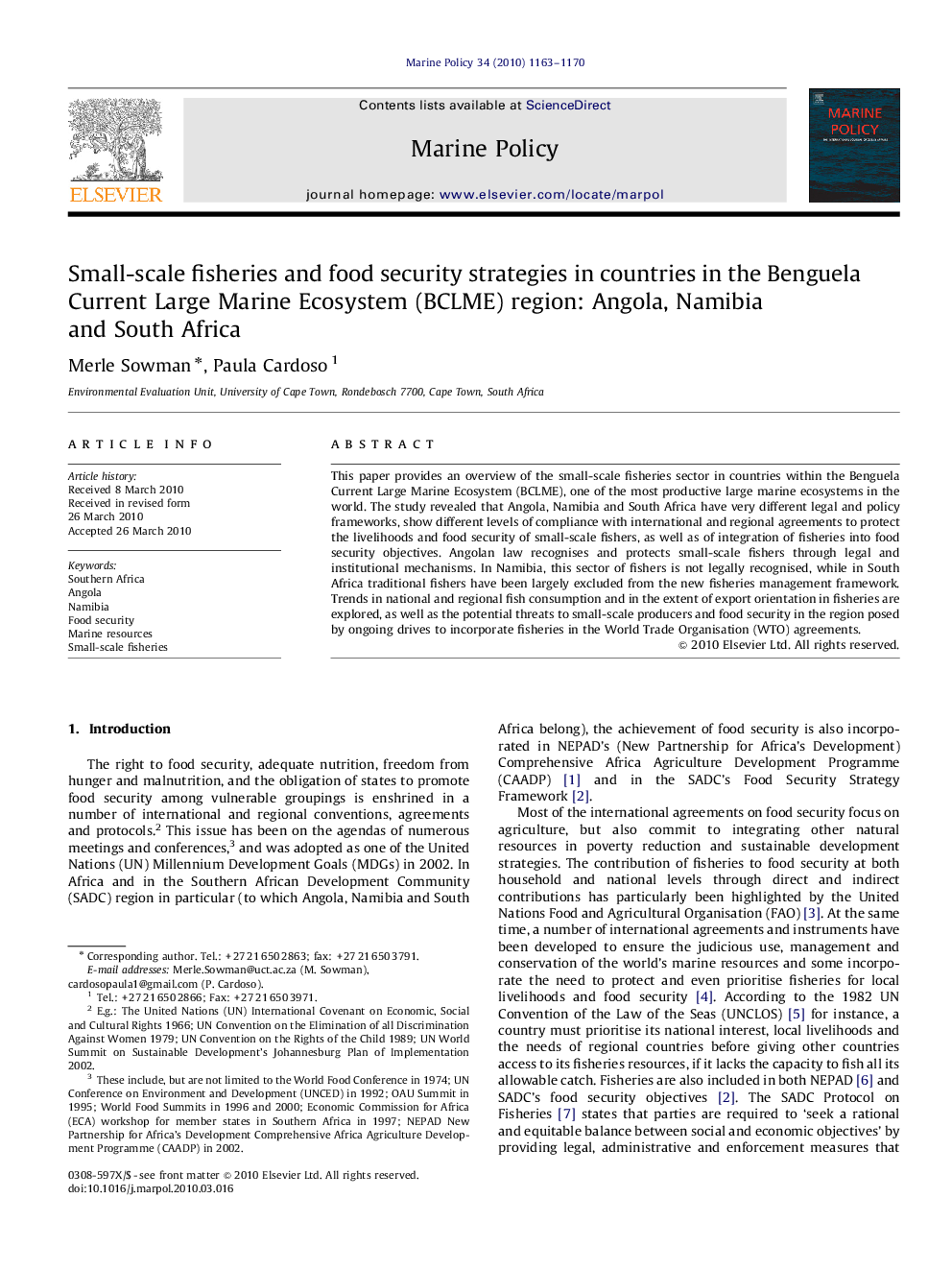 Small-scale fisheries and food security strategies in countries in the Benguela Current Large Marine Ecosystem (BCLME) region: Angola, Namibia and South Africa