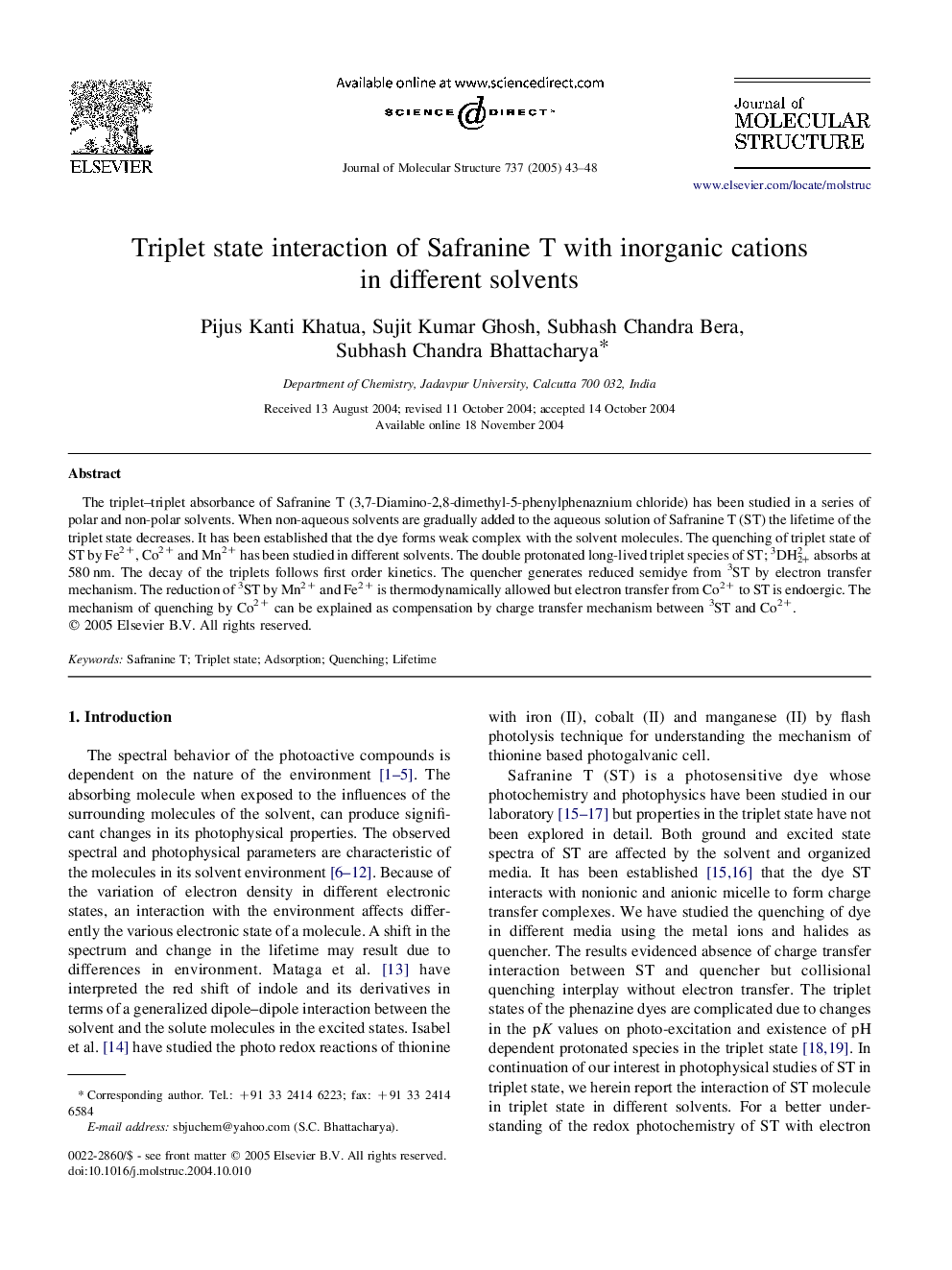 Triplet state interaction of Safranine T with inorganic cations in different solvents