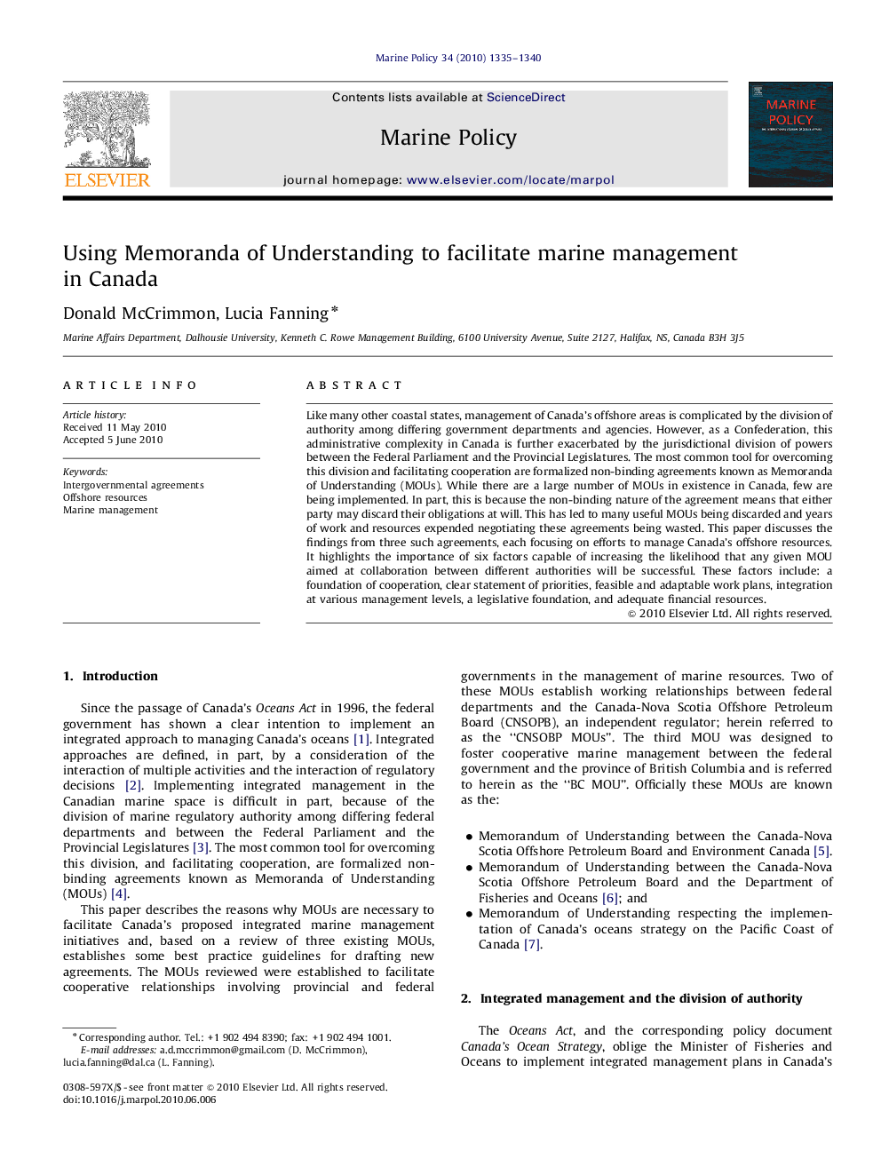 Using Memoranda of Understanding to facilitate marine management in Canada