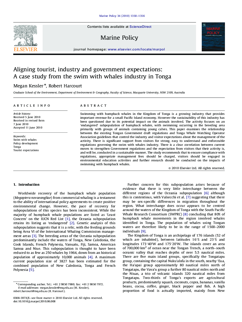 Aligning tourist, industry and government expectations: A case study from the swim with whales industry in Tonga