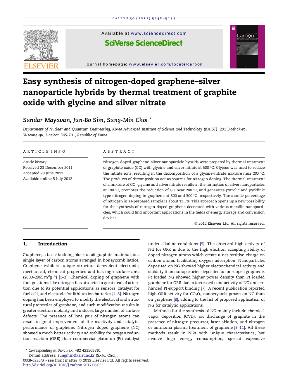 Easy synthesis of nitrogen-doped graphene-silver nanoparticle hybrids by thermal treatment of graphite oxide with glycine and silver nitrate