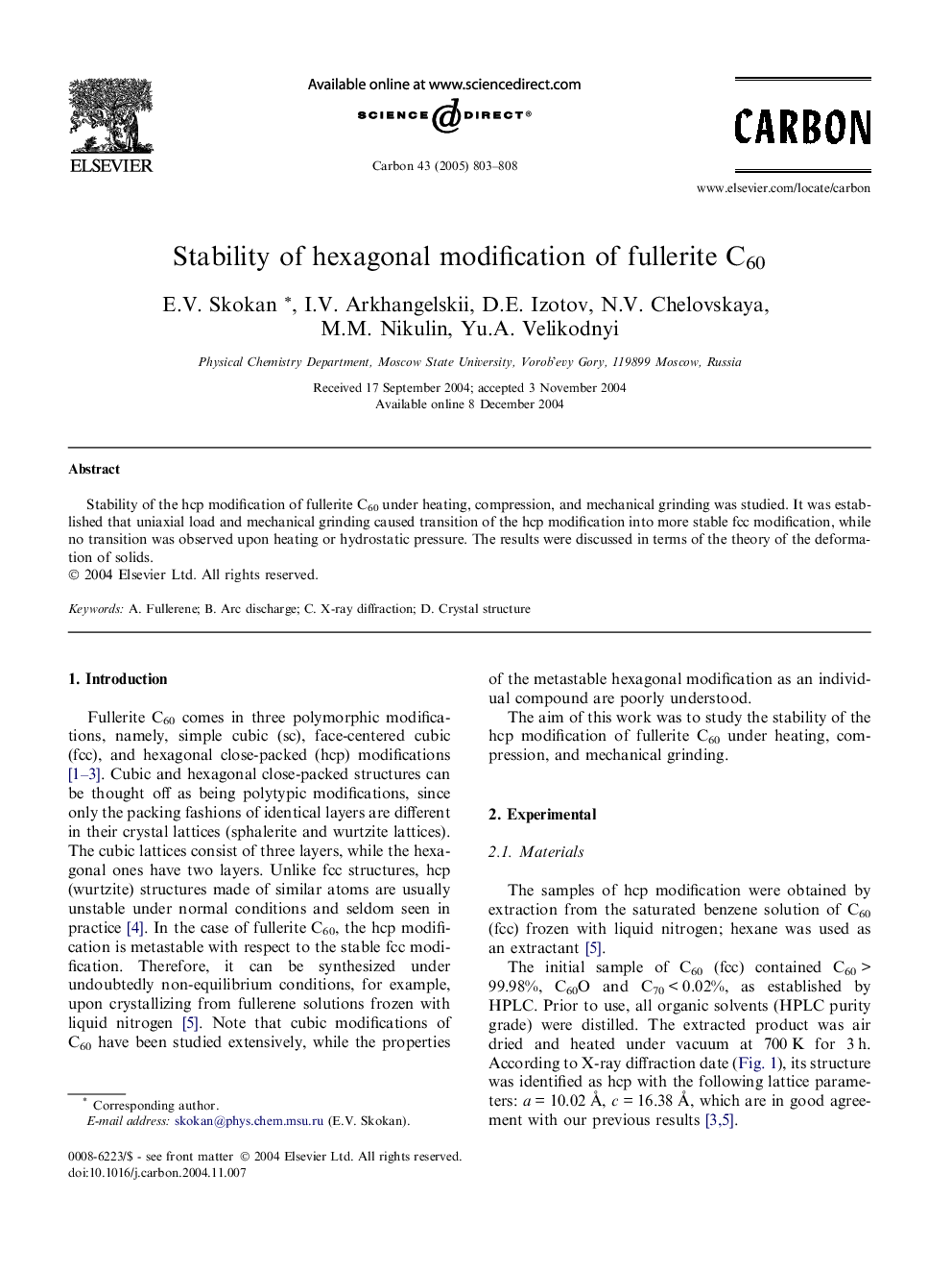 Stability of hexagonal modification of fullerite C60