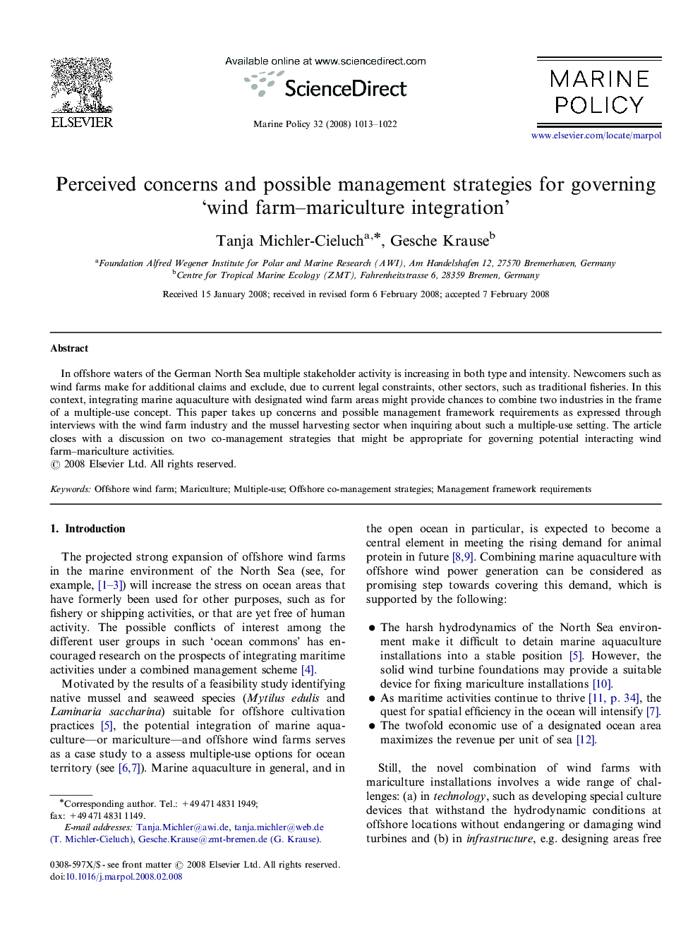 Perceived concerns and possible management strategies for governing ‘wind farm–mariculture integration’