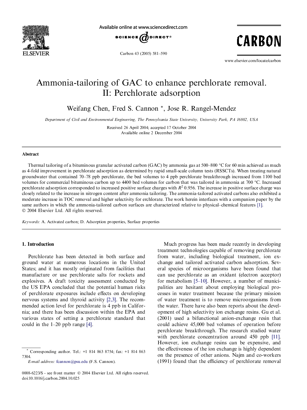 Ammonia-tailoring of GAC to enhance perchlorate removal. II: Perchlorate adsorption