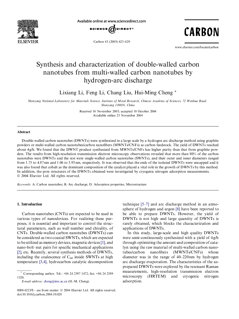 Synthesis and characterization of double-walled carbon nanotubes from multi-walled carbon nanotubes by hydrogen-arc discharge