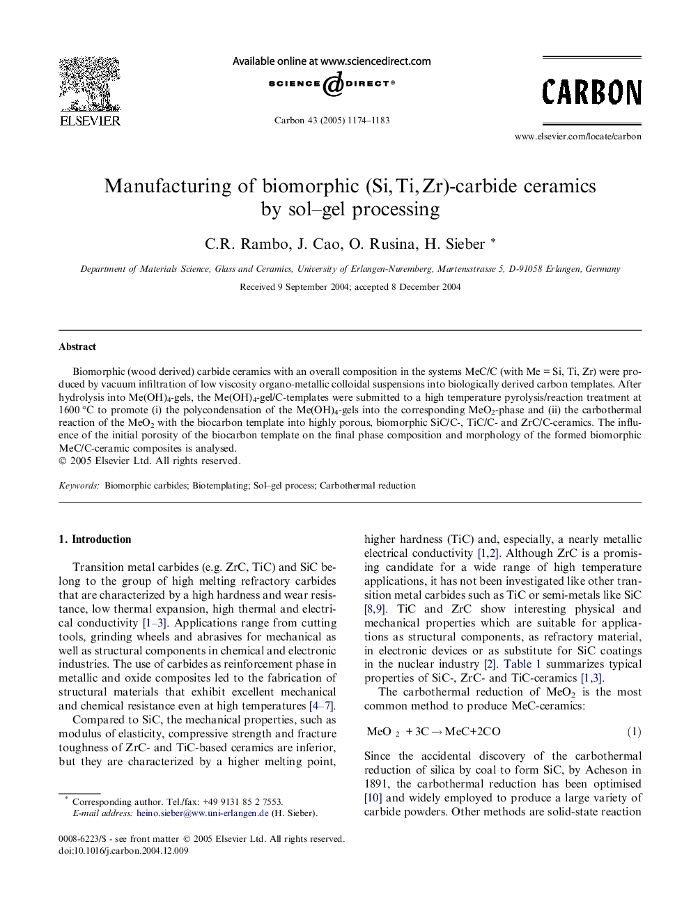 Manufacturing of biomorphic (Si,Â Ti,Â Zr)-carbide ceramics by sol-gel processing