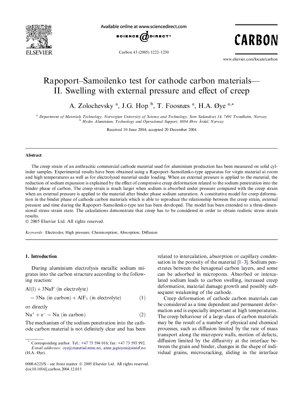 Rapoport-Samoilenko test for cathode carbon materials-II. Swelling with external pressure and effect of creep