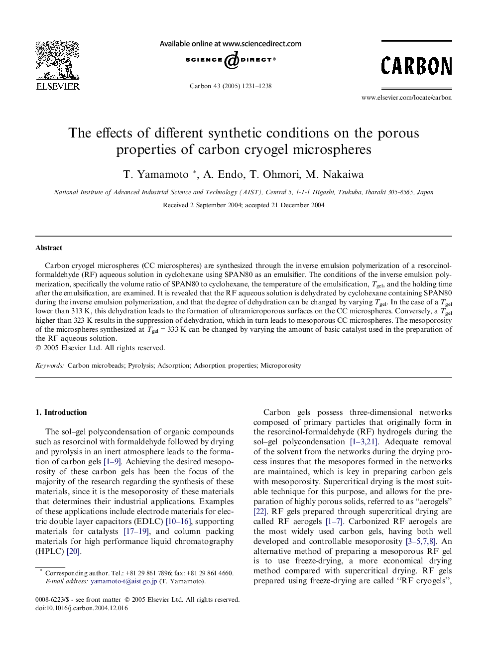 The effects of different synthetic conditions on the porous properties of carbon cryogel microspheres