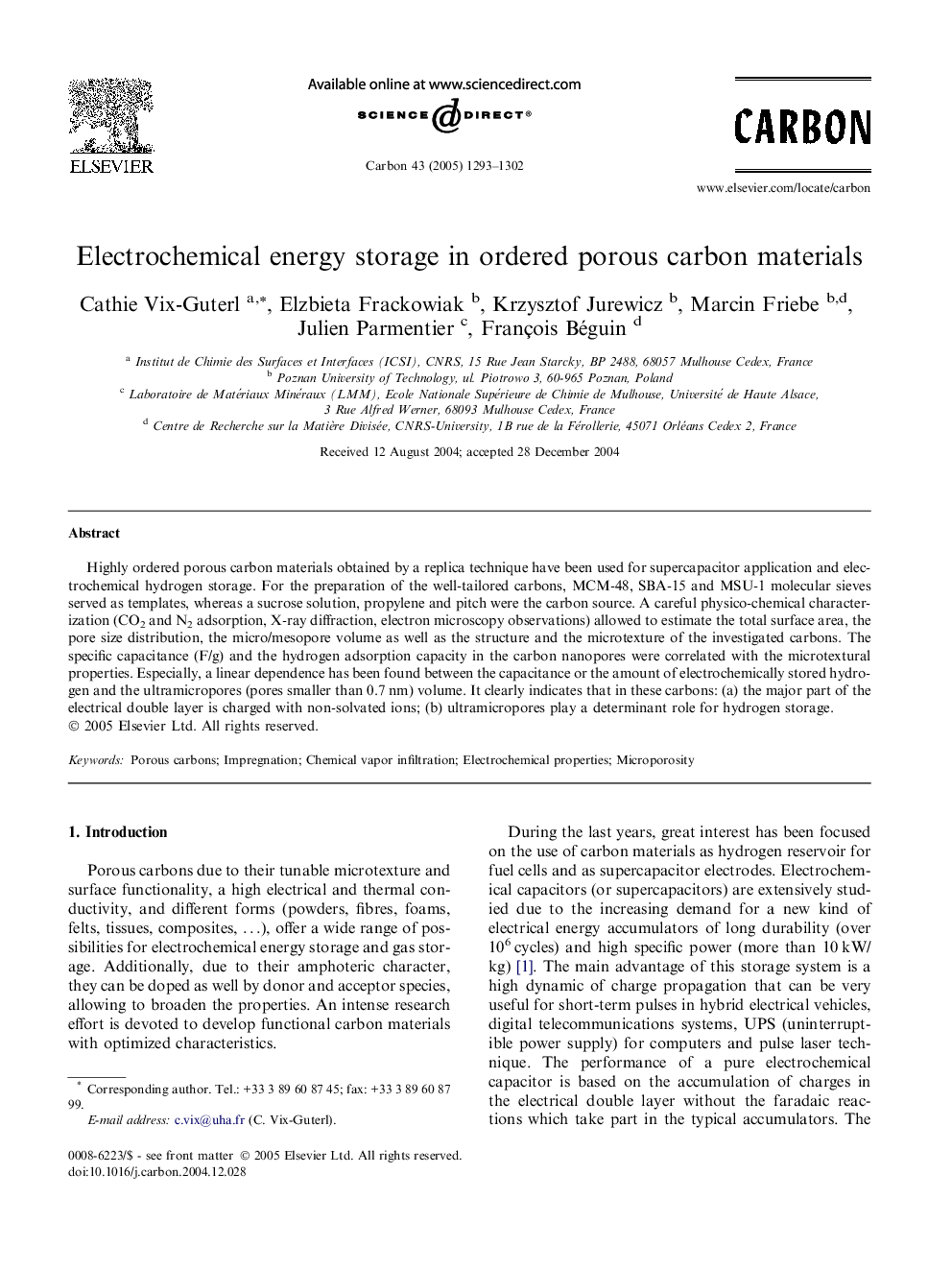 Electrochemical energy storage in ordered porous carbon materials