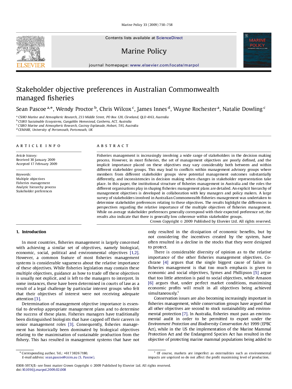 Stakeholder objective preferences in Australian Commonwealth managed fisheries