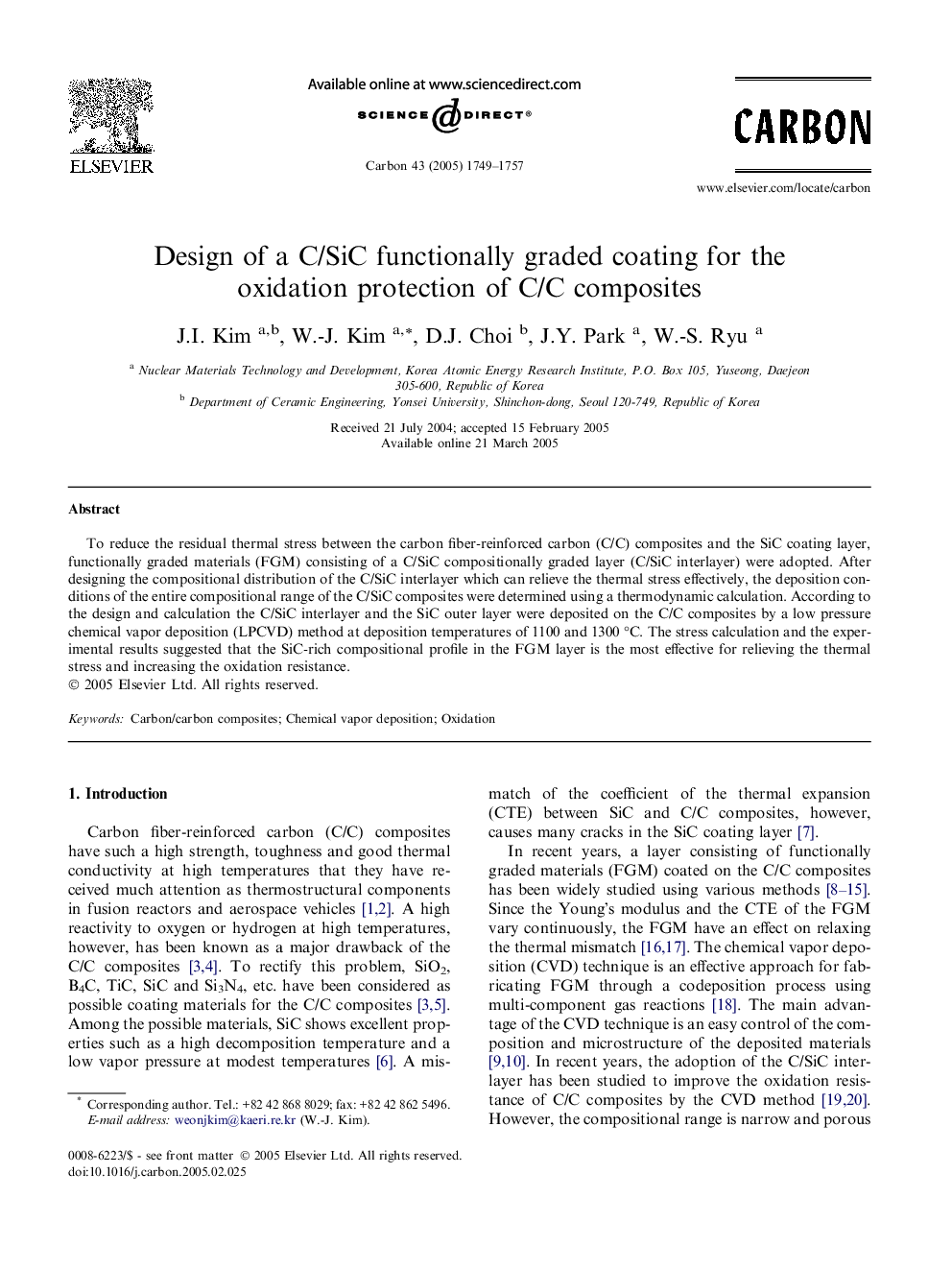 Design of a C/SiC functionally graded coating for the oxidation protection of C/C composites