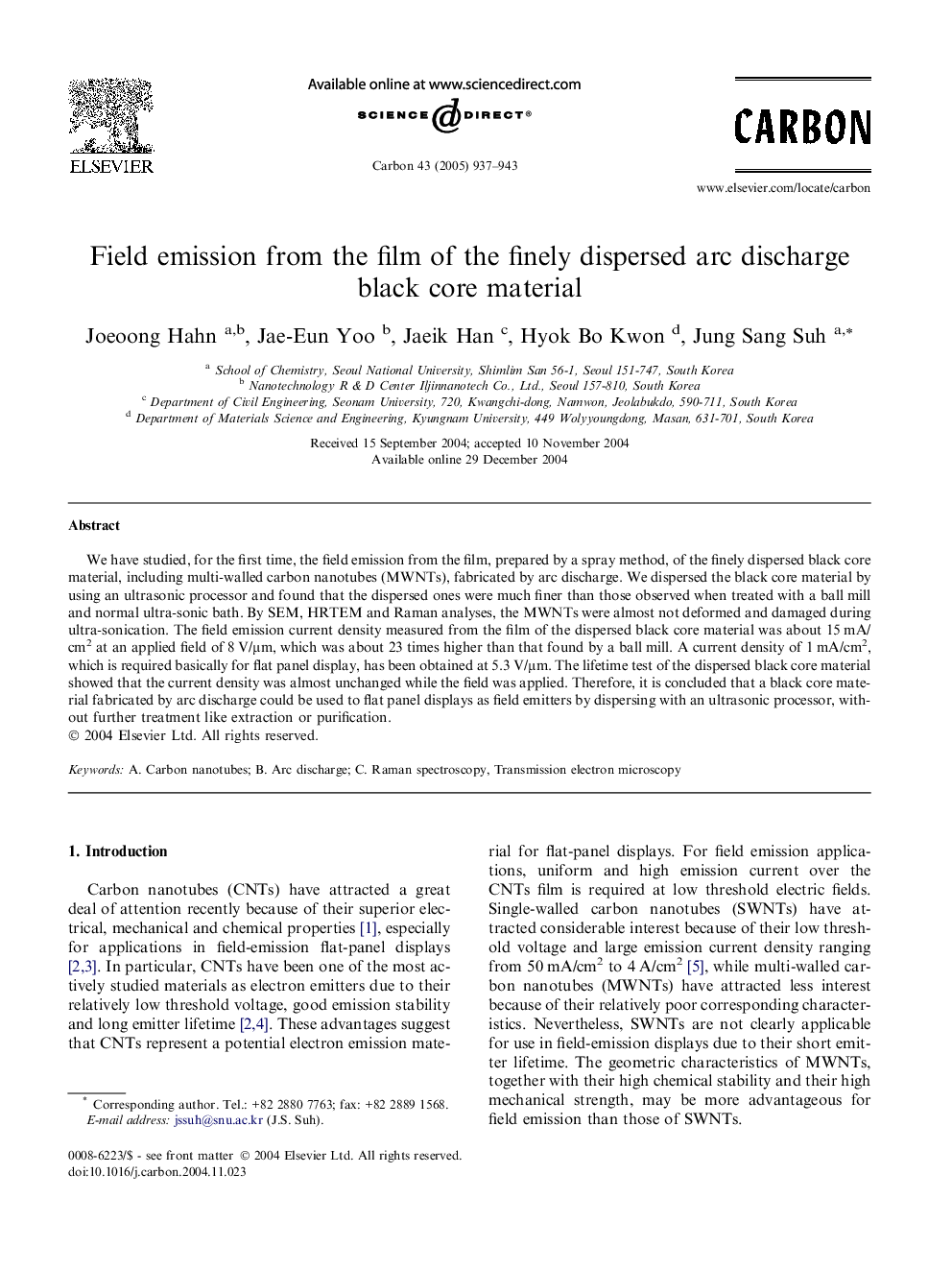 Field emission from the film of the finely dispersed arc discharge black core material