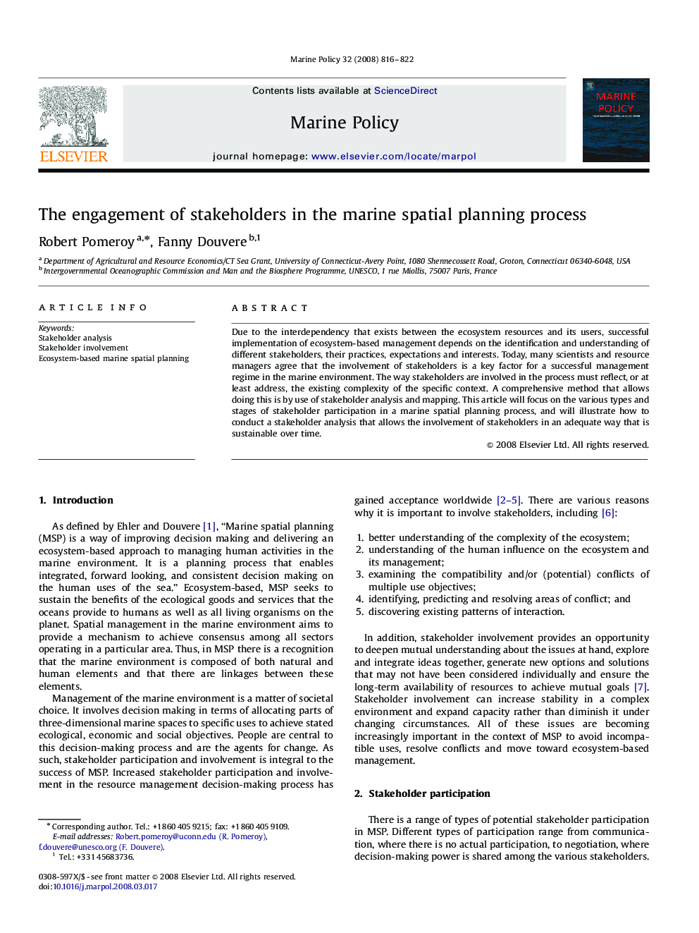 The engagement of stakeholders in the marine spatial planning process