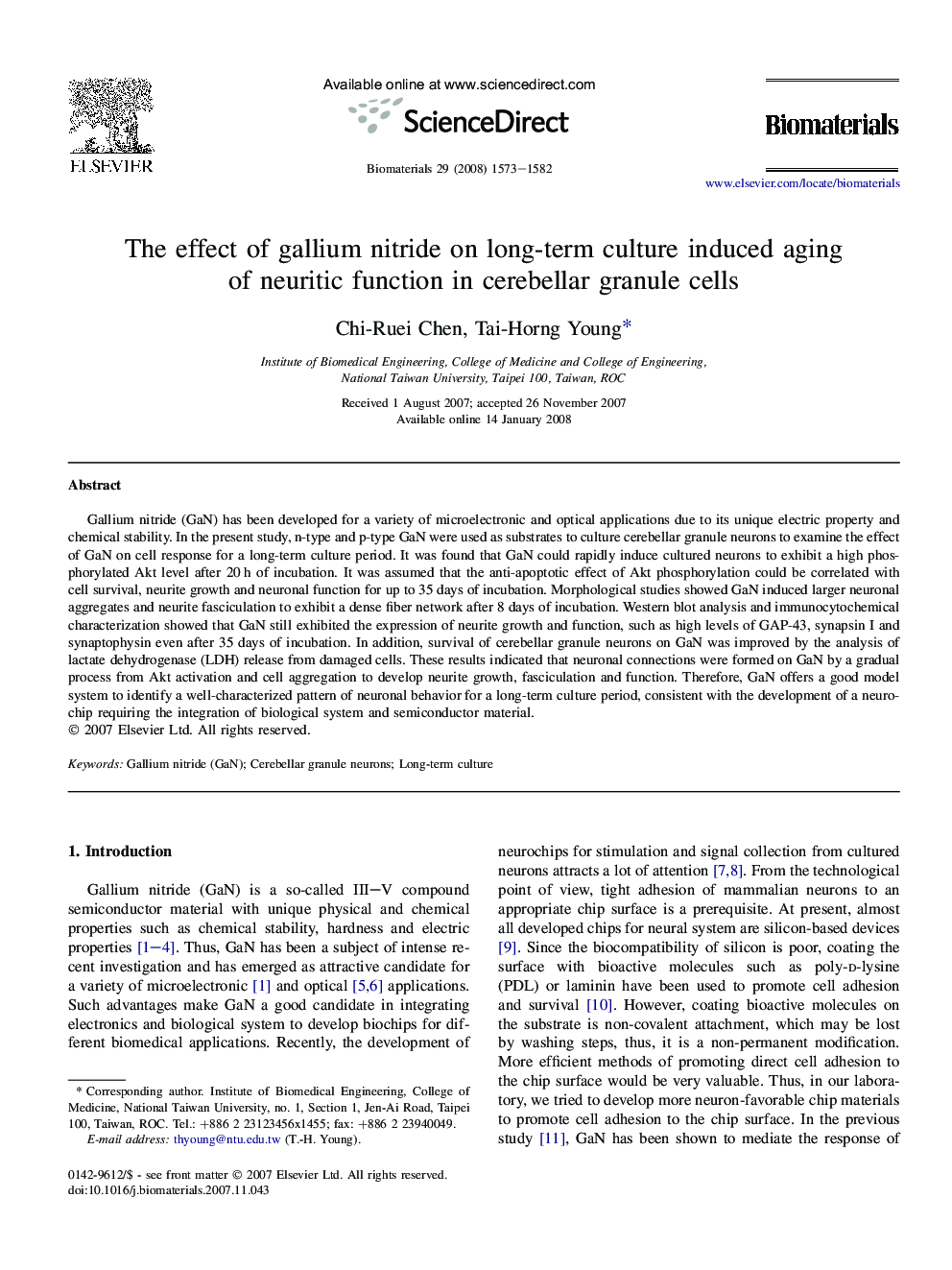 The effect of gallium nitride on long-term culture induced aging of neuritic function in cerebellar granule cells