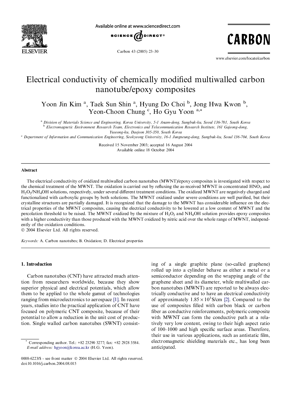 Electrical conductivity of chemically modified multiwalled carbon nanotube/epoxy composites