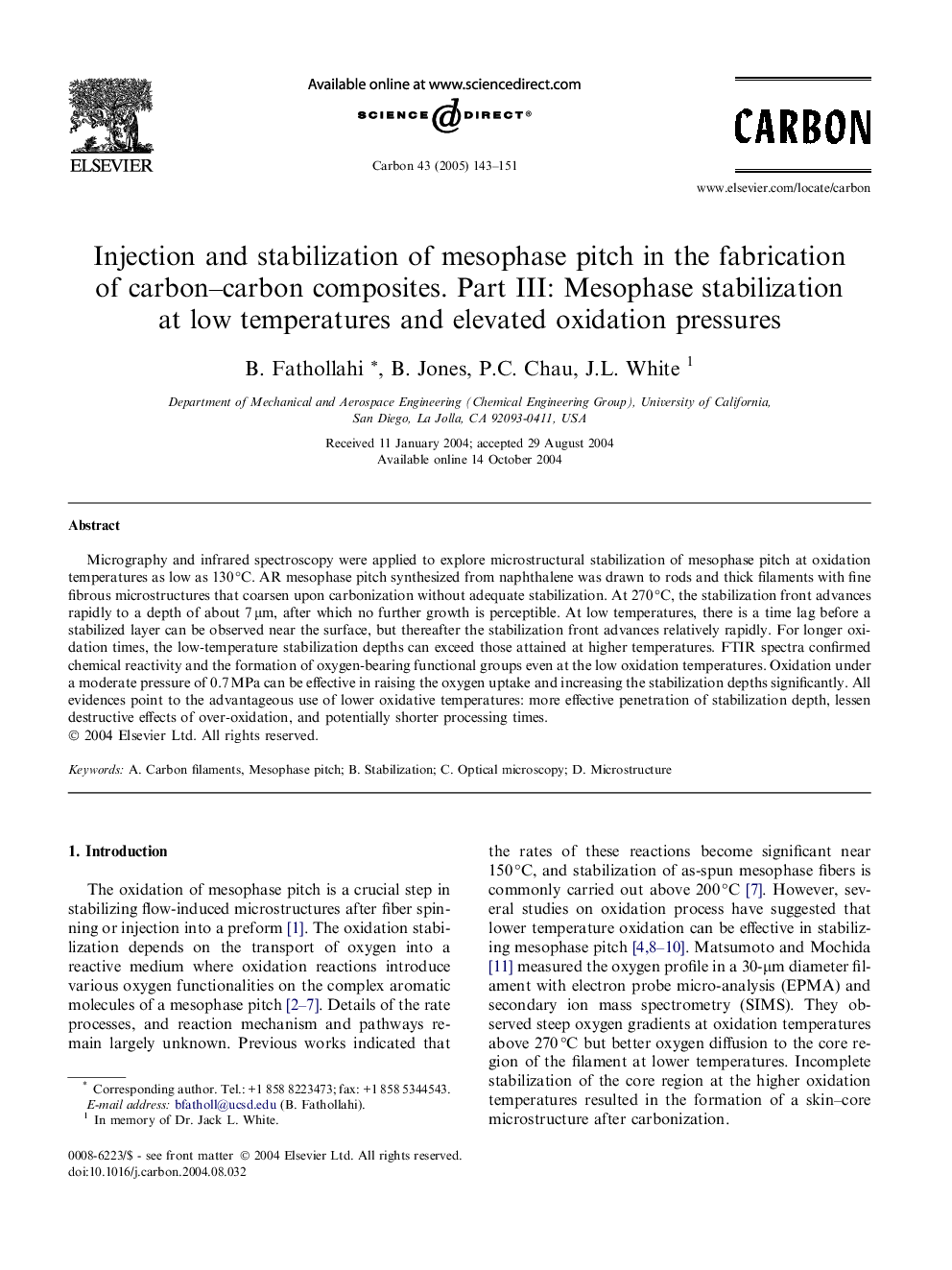 Injection and stabilization of mesophase pitch in the fabrication of carbon-carbon composites. Part III: Mesophase stabilization at low temperatures and elevated oxidation pressures