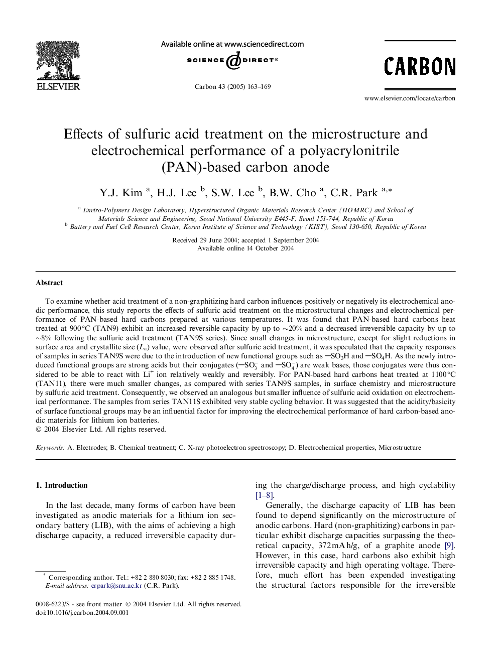 Effects of sulfuric acid treatment on the microstructure and electrochemical performance of a polyacrylonitrile (PAN)-based carbon anode