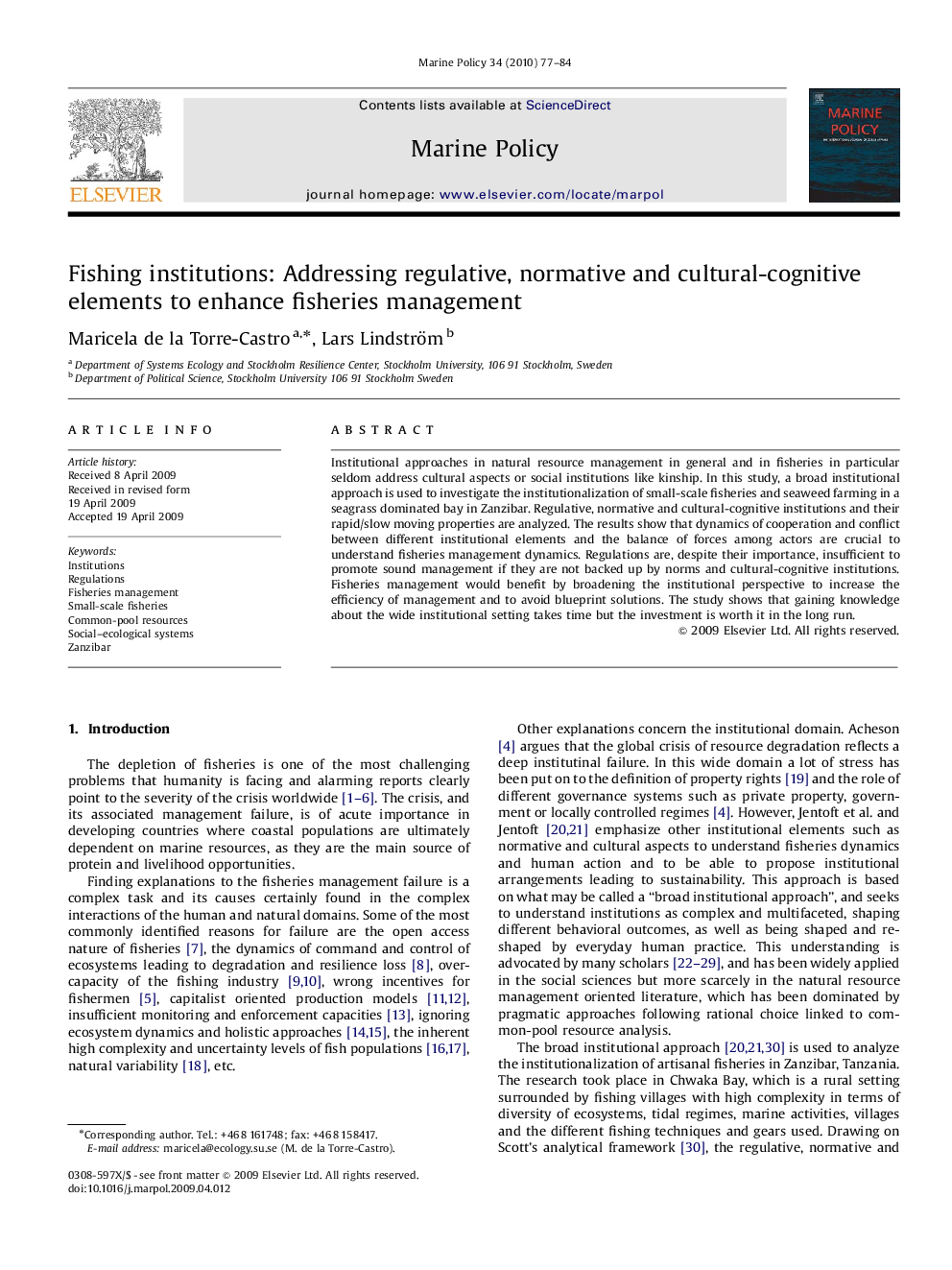 Fishing institutions: Addressing regulative, normative and cultural-cognitive elements to enhance fisheries management