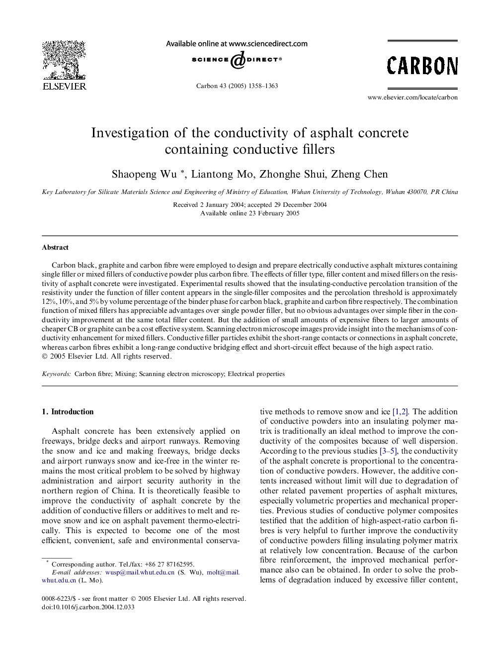 Investigation of the conductivity of asphalt concrete containing conductive fillers