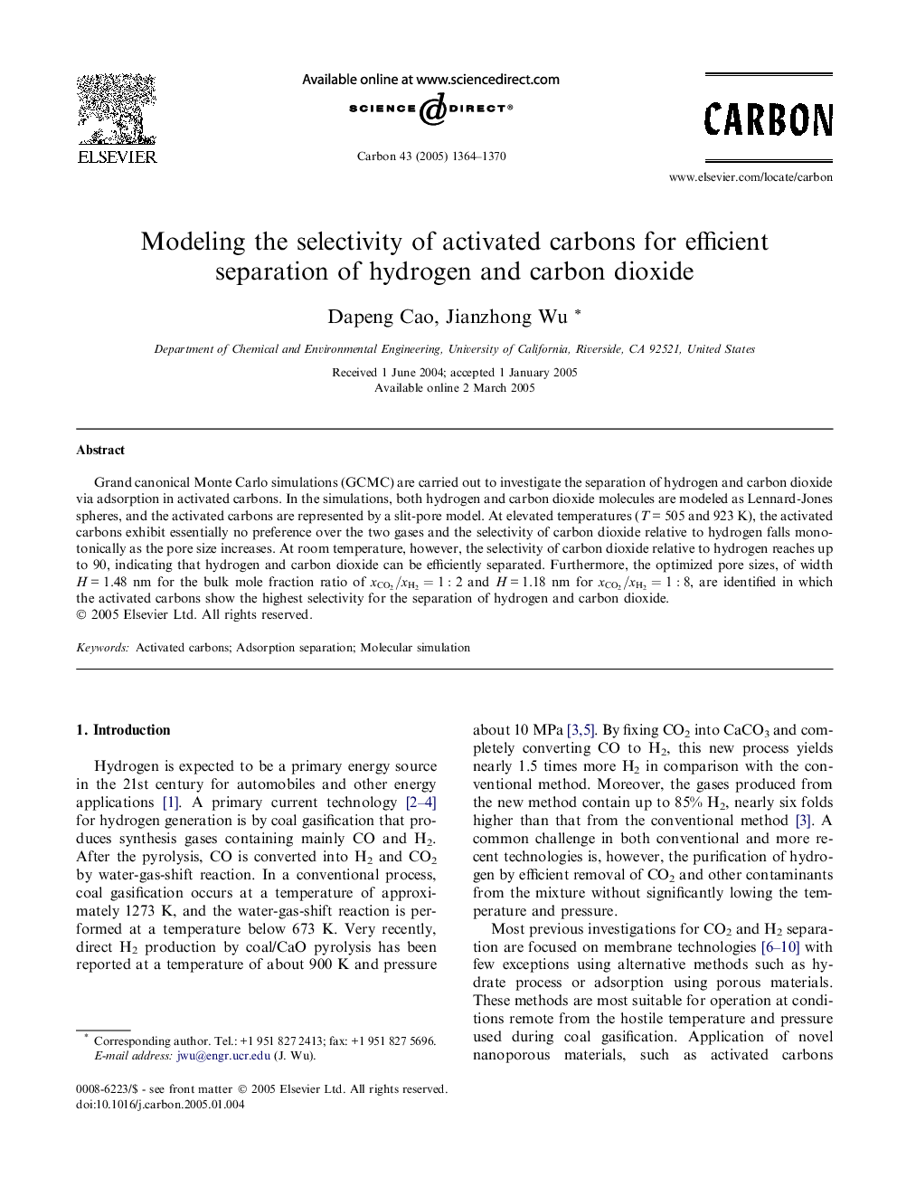 Modeling the selectivity of activated carbons for efficient separation of hydrogen and carbon dioxide