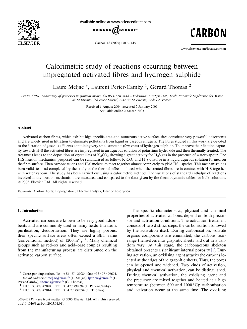 Calorimetric study of reactions occurring between impregnated activated fibres and hydrogen sulphide