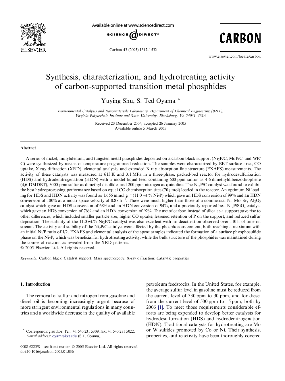 Synthesis, characterization, and hydrotreating activity of carbon-supported transition metal phosphides