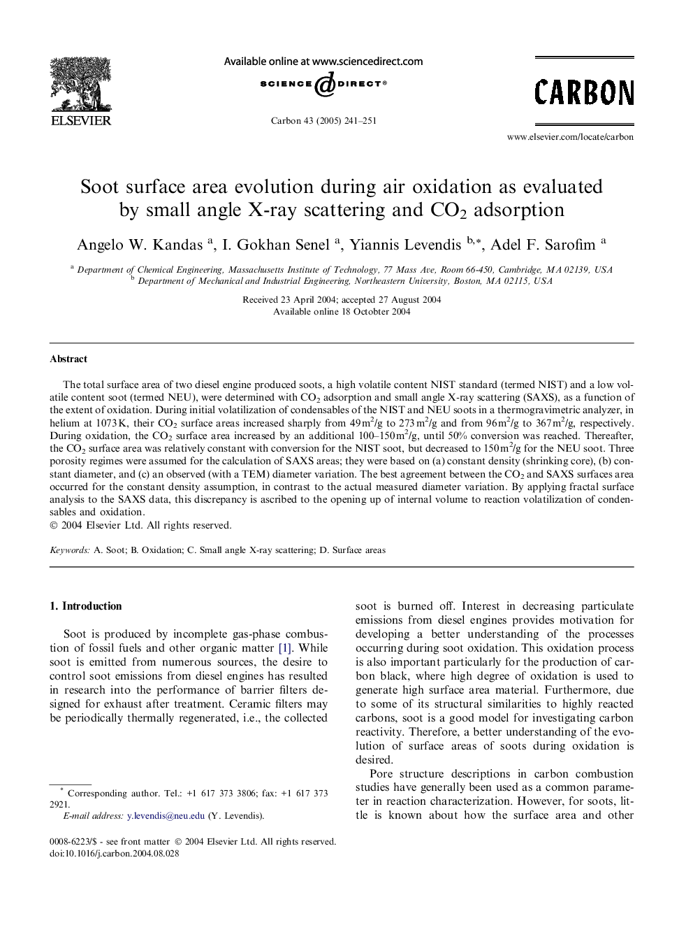 Soot surface area evolution during air oxidation as evaluated by small angle X-ray scattering and CO2 adsorption