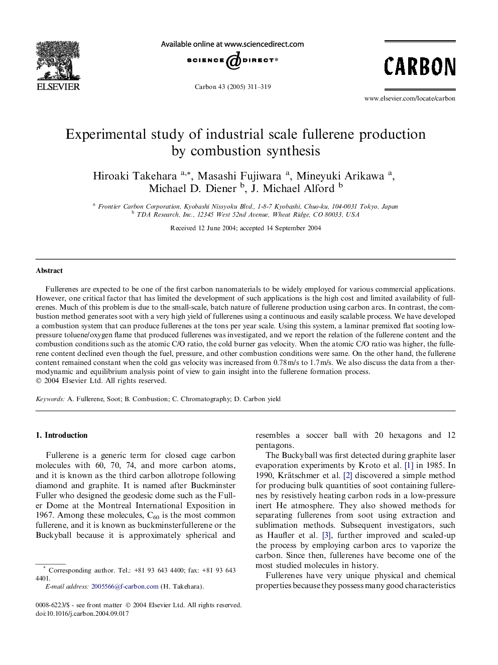 Experimental study of industrial scale fullerene production by combustion synthesis