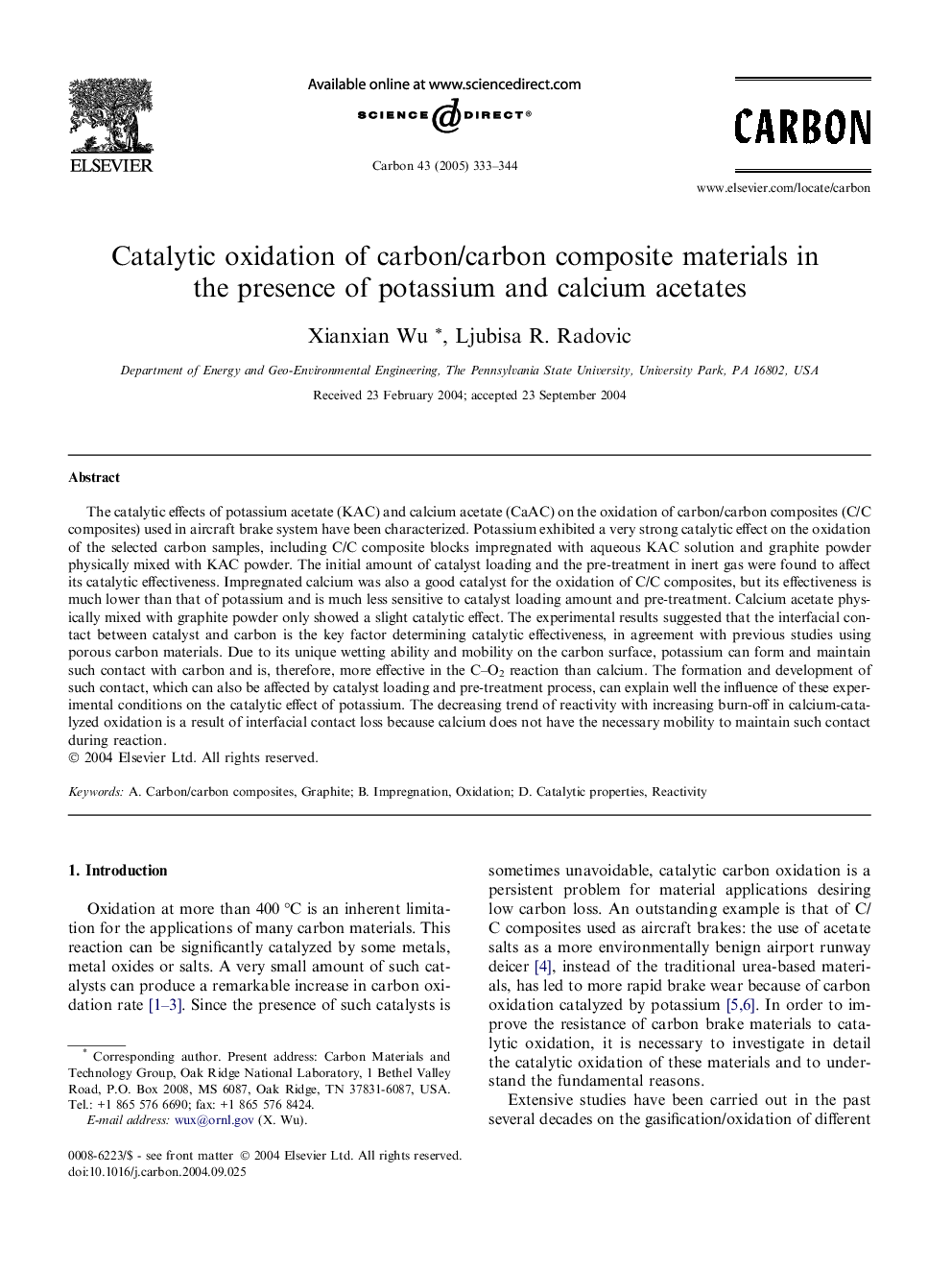 Catalytic oxidation of carbon/carbon composite materials in the presence of potassium and calcium acetates