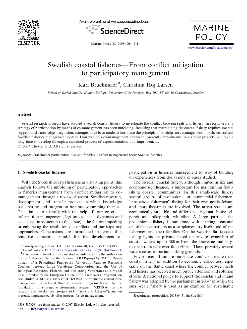 Swedish coastal fisheries—From conflict mitigation to participatory management
