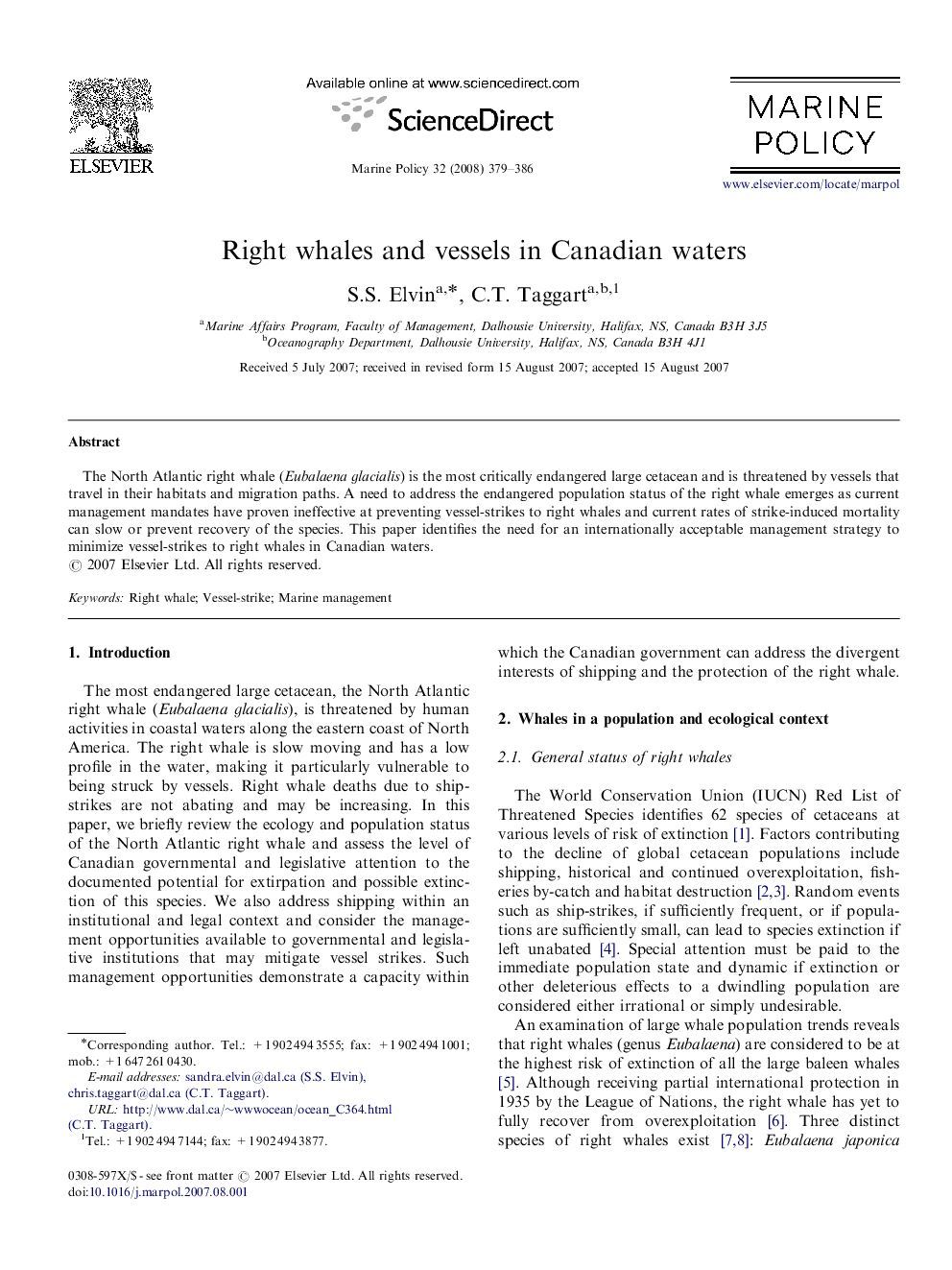 Right whales and vessels in Canadian waters