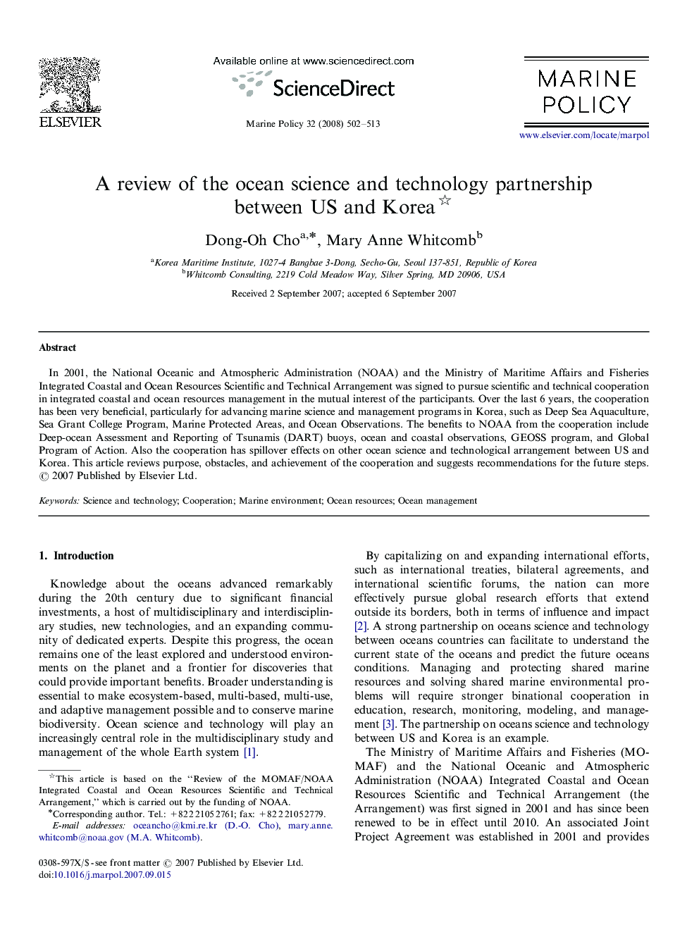 عکس صفحه اول مقاله: A review of the ocean science and technology partnership between US and Korea A review of the ocean science and technology partnership between US and Korea