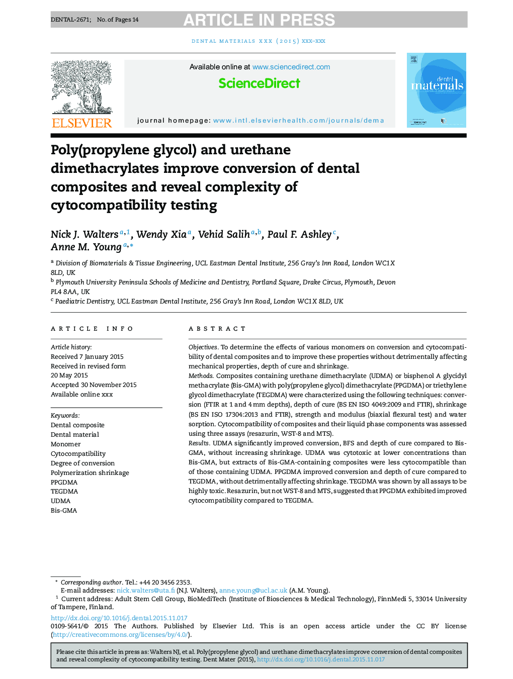 پلی (پروپیلن گلیکول) و یورتان دی متیکریلات باعث بهبود تبدیل کامپوزیت های دندانی و نشان دادن پیچیدگی آزمایش های سیتوپلاستیک 